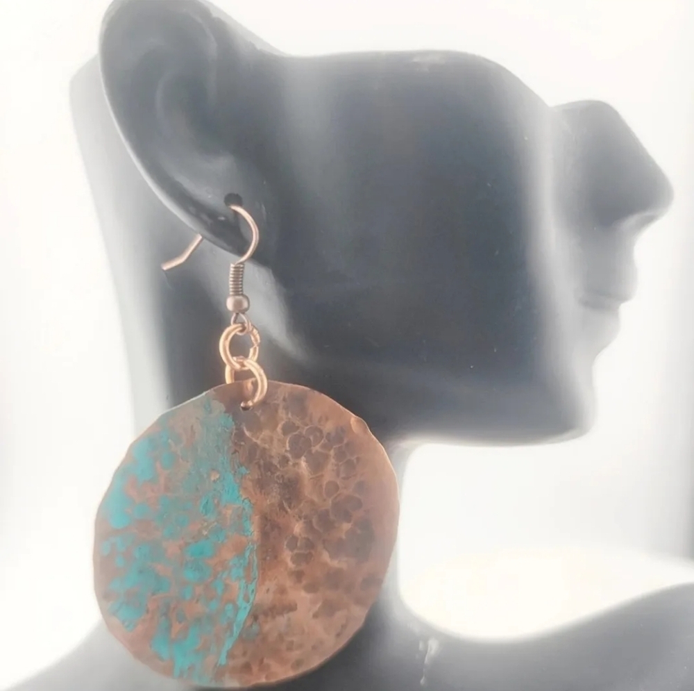 COPPER EARRINGS HANDMADE WITH BLUE & BROWN PATINA 2" APPROX - Picture 5 of 7